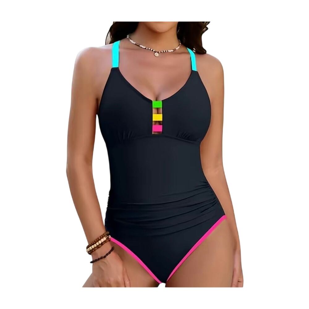 Blooming Jelly Women’s Black One-Piece Swimsuit with Neon Trim